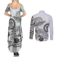 Polynesian Manta Ray Couples Matching Summer Maxi Dress and Long Sleeve Button Shirt Gray Floral Turtle Tattoo LT9 - Polynesian Pride