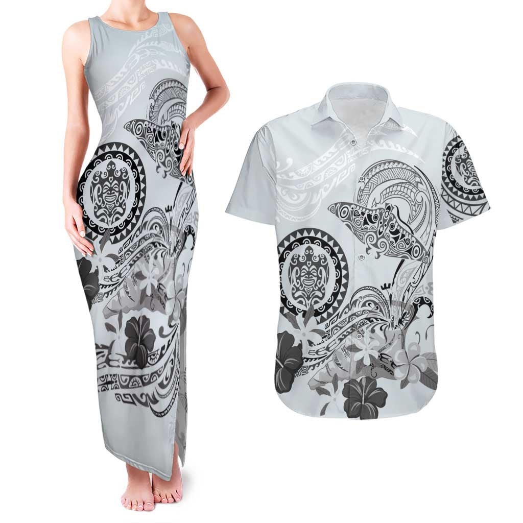 Polynesian Manta Ray Couples Matching Tank Maxi Dress and Hawaiian Shirt Gray Floral Turtle Tattoo - Polynesian Pride