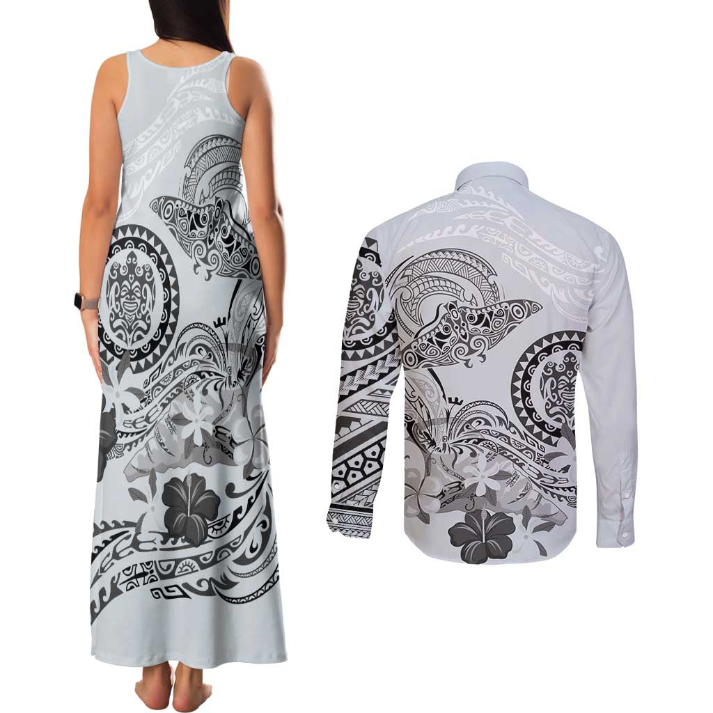 Polynesian Manta Ray Couples Matching Tank Maxi Dress and Long Sleeve Button Shirt Gray Floral Turtle Tattoo LT9 - Polynesian Pride