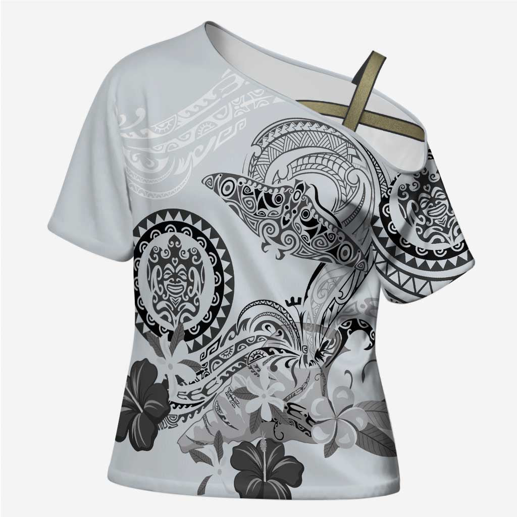 Polynesian Manta Ray Cross Shoulder Shirt Gray Floral Turtle Tattoo LT9 Female Gray - Polynesian Pride