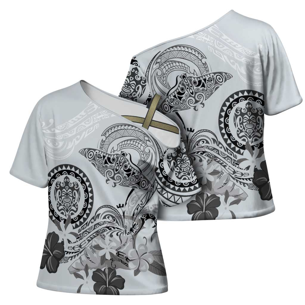 Polynesian Manta Ray Cross Shoulder Shirt Gray Floral Turtle Tattoo LT9 - Polynesian Pride