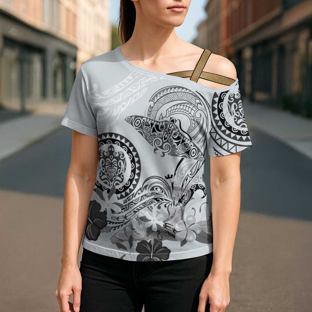 Polynesian Manta Ray Cross Shoulder Shirt Gray Floral Turtle Tattoo LT9 - Polynesian Pride