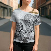 Polynesian Manta Ray Cross Shoulder Shirt Gray Floral Turtle Tattoo LT9 - Polynesian Pride
