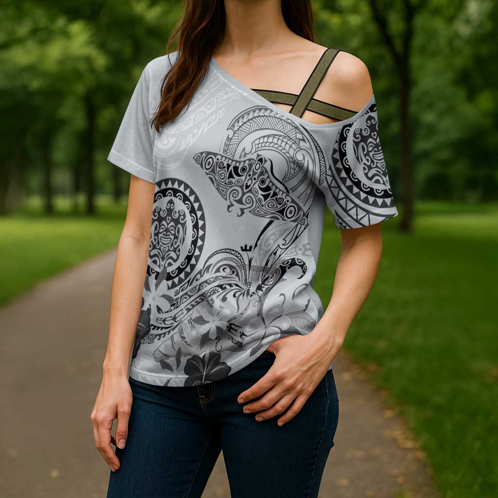 Polynesian Manta Ray Cross Shoulder Shirt Gray Floral Turtle Tattoo LT9 - Polynesian Pride