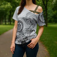 Polynesian Manta Ray Cross Shoulder Shirt Gray Floral Turtle Tattoo LT9 - Polynesian Pride