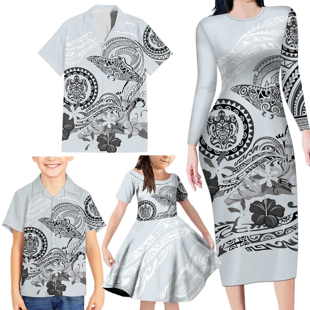 Polynesian Manta Ray Family Matching Long Sleeve Bodycon Dress and Hawaiian Shirt Gray Floral Turtle Tattoo - Polynesian Pride