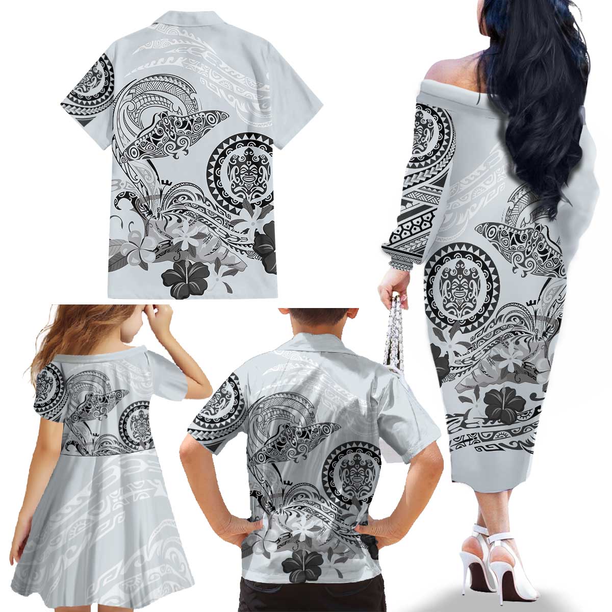 Polynesian Manta Ray Family Matching Off The Shoulder Long Sleeve Dress and Hawaiian Shirt Gray Floral Turtle Tattoo - Polynesian Pride