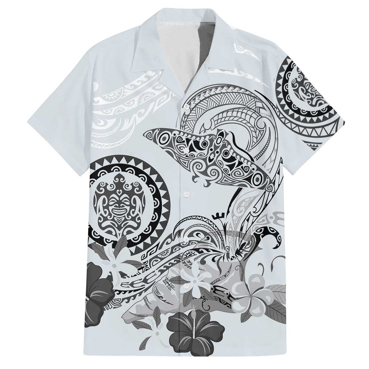 Polynesian Manta Ray Family Matching Off The Shoulder Long Sleeve Dress and Hawaiian Shirt Gray Floral Turtle Tattoo - Polynesian Pride