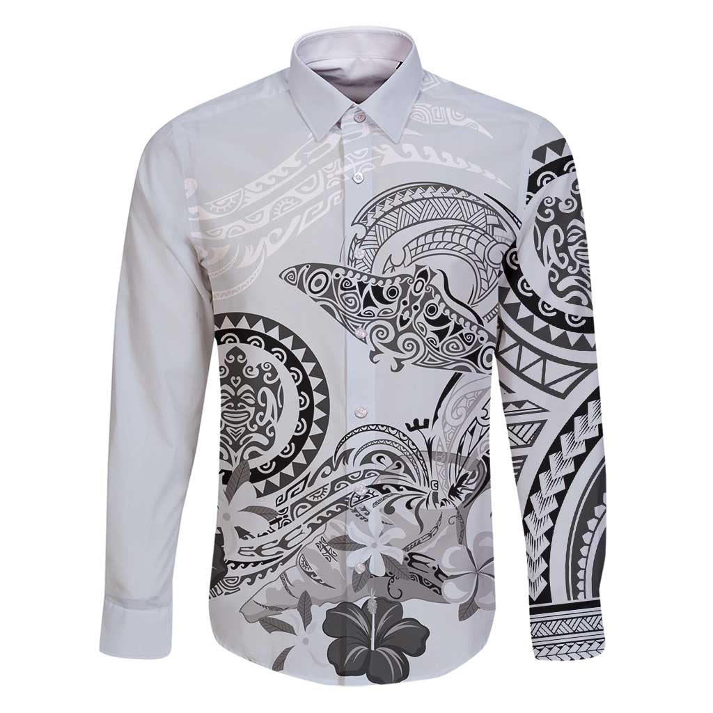 Polynesian Manta Ray Family Matching Puletasi and Hawaiian Shirt Gray Floral Turtle Tattoo LT9 Dad's Shirt - Long Sleeve Gray - Polynesian Pride