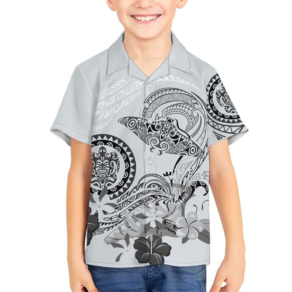 Polynesian Manta Ray Family Matching Puletasi and Hawaiian Shirt Gray Floral Turtle Tattoo LT9 Son's Shirt Gray - Polynesian Pride