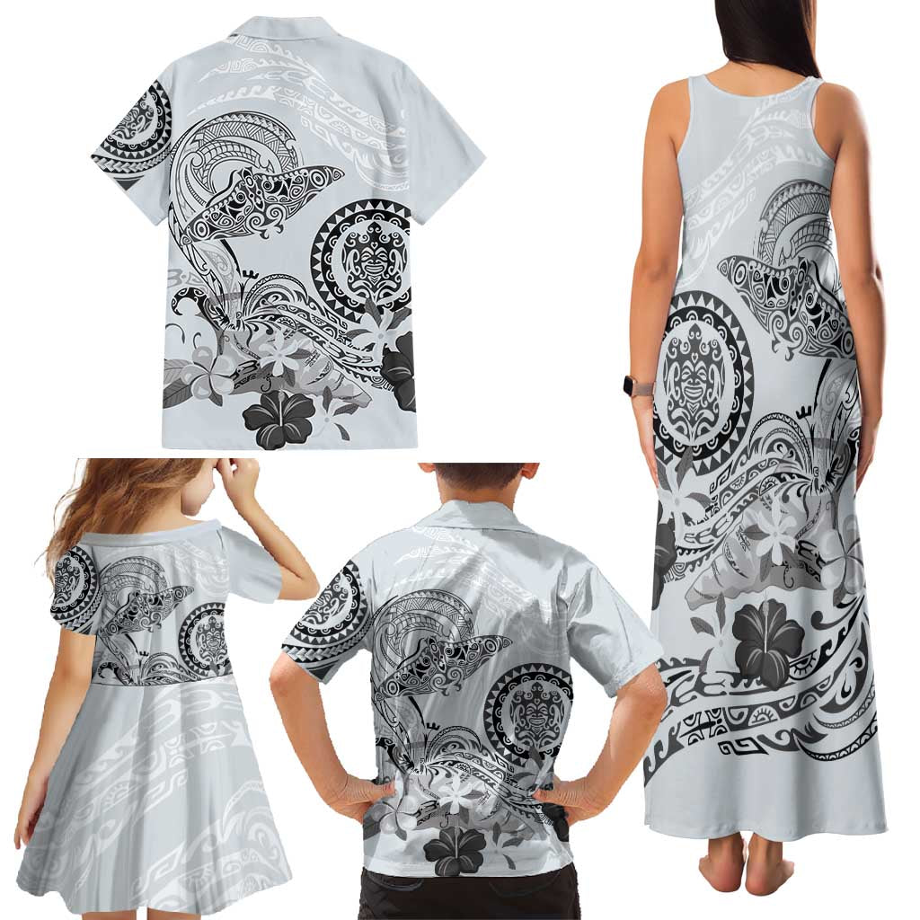 Polynesian Manta Ray Family Matching Tank Maxi Dress and Hawaiian Shirt Gray Floral Turtle Tattoo - Polynesian Pride