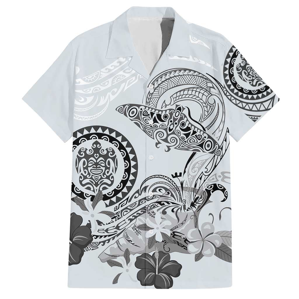 Polynesian Manta Ray Hawaiian Shirt Gray Floral Turtle Tattoo - Polynesian Pride