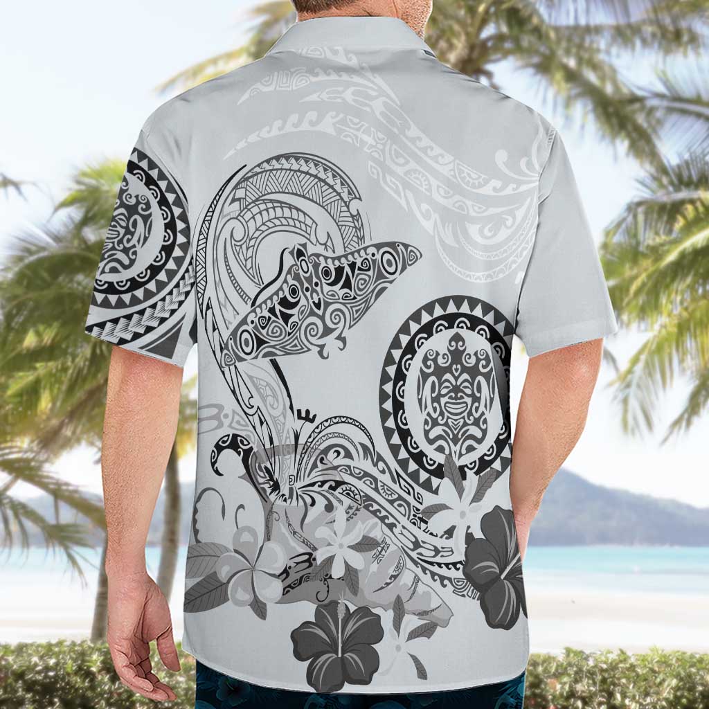 Polynesian Manta Ray Hawaiian Shirt Gray Floral Turtle Tattoo - Polynesian Pride