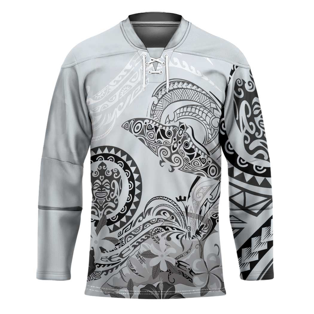 Polynesian Manta Ray Hockey Jersey Gray Floral Turtle Tattoo LT9 Unisex Gray - Polynesian Pride
