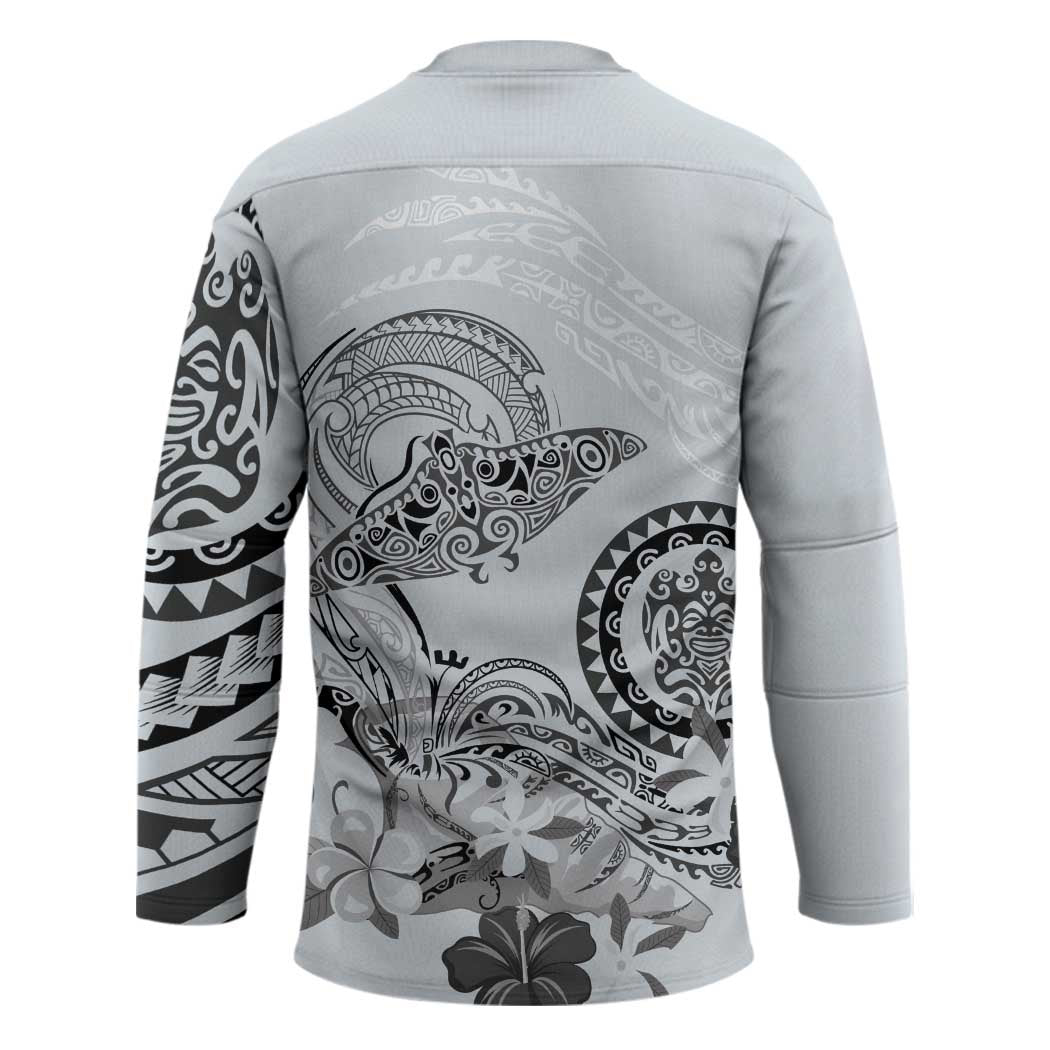 Polynesian Manta Ray Hockey Jersey Gray Floral Turtle Tattoo LT9 - Polynesian Pride