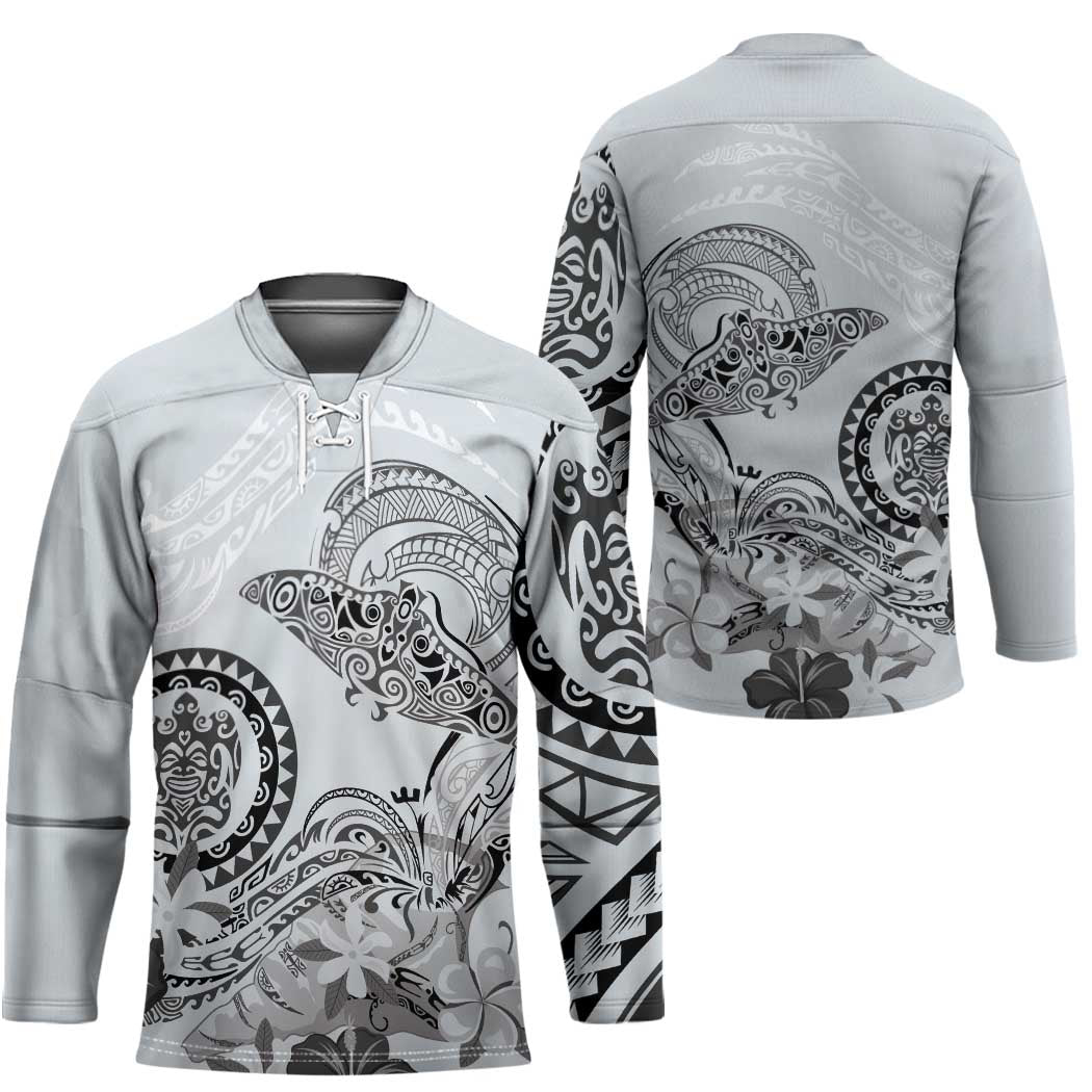Polynesian Manta Ray Hockey Jersey Gray Floral Turtle Tattoo LT9 - Polynesian Pride
