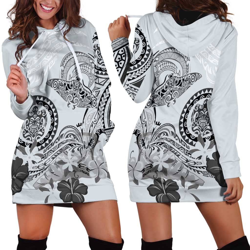 Polynesian Manta Ray Hoodie Dress Gray Floral Turtle Tattoo - Polynesian Pride