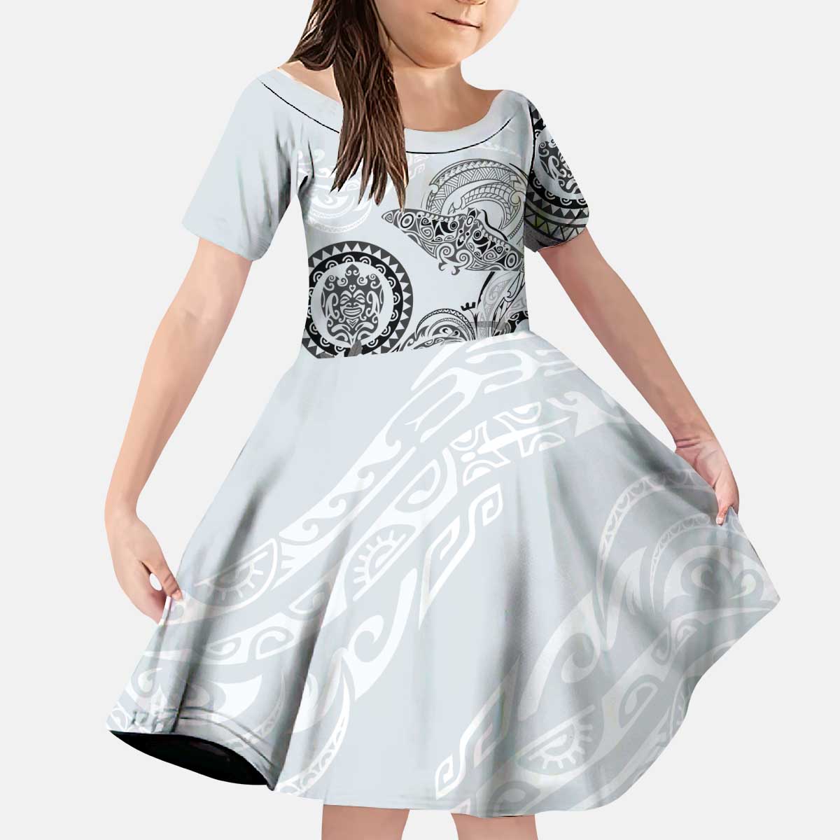 Polynesian Manta Ray Kid Short Sleeve Dress Gray Floral Turtle Tattoo - Polynesian Pride