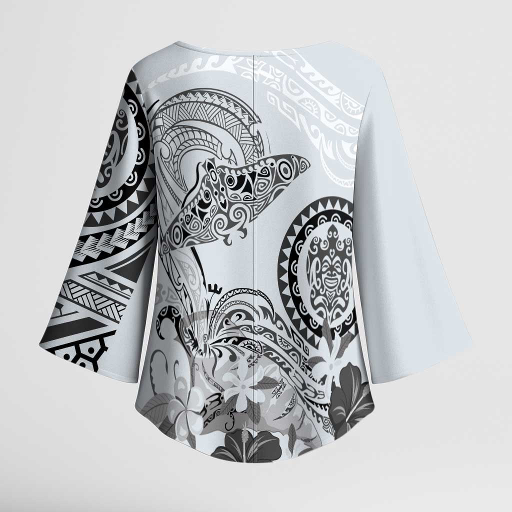 Polynesian Manta Ray Kimono Sleeve Blouse Gray Floral Turtle Tattoo LT9 - Polynesian Pride