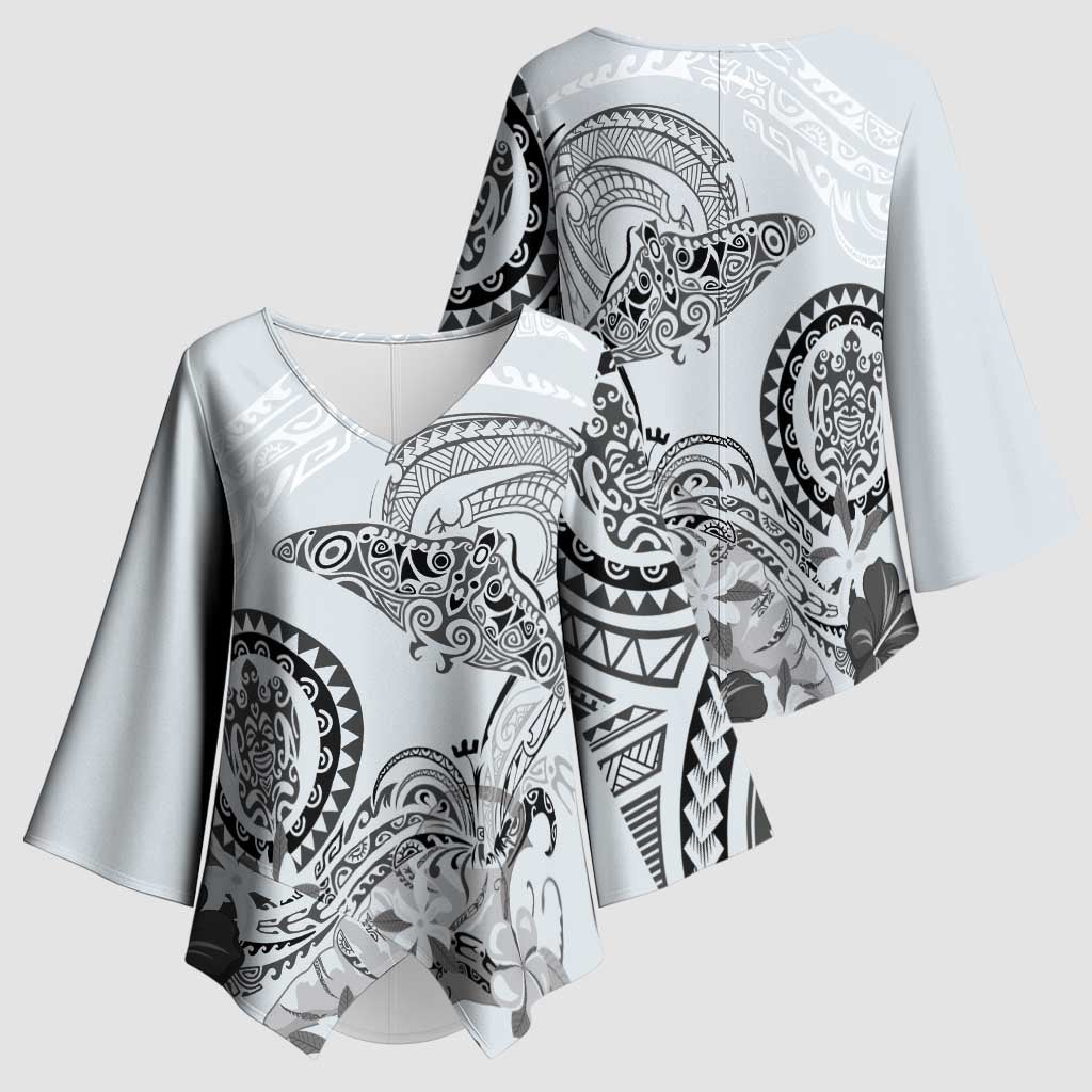 Polynesian Manta Ray Kimono Sleeve Blouse Gray Floral Turtle Tattoo LT9 - Polynesian Pride