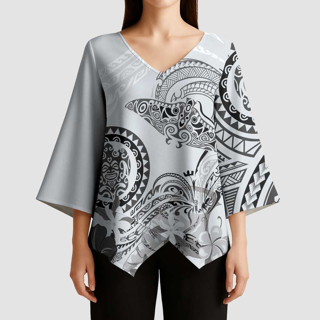 Polynesian Manta Ray Kimono Sleeve Blouse Gray Floral Turtle Tattoo LT9 - Polynesian Pride