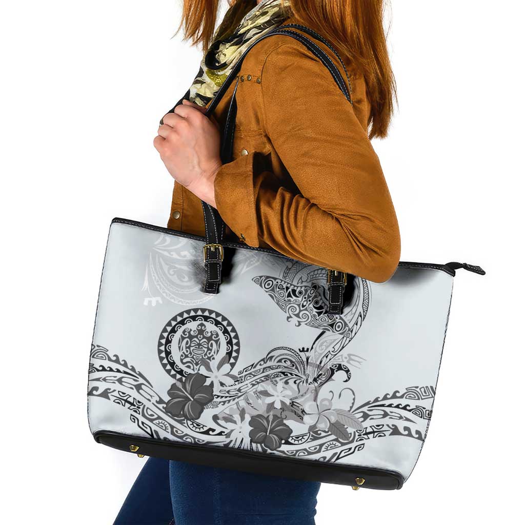 Polynesian Manta Ray Leather Tote Bag Gray Floral Turtle Tattoo - Polynesian Pride