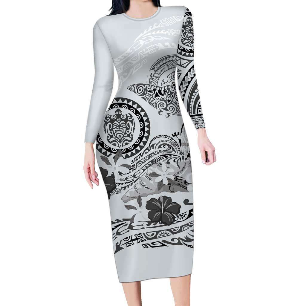 Polynesian Manta Ray Long Sleeve Bodycon Dress Gray Floral Turtle Tattoo - Polynesian Pride