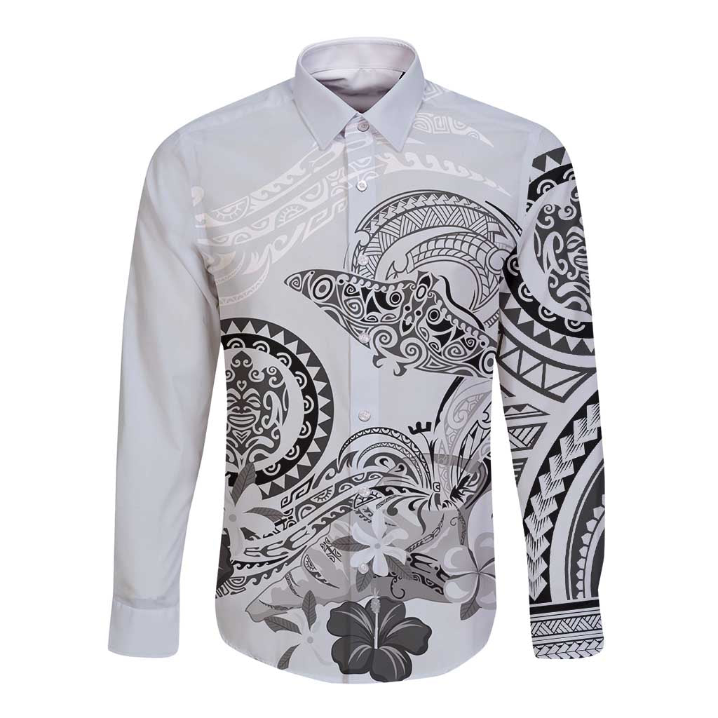 Polynesian Manta Ray Long Sleeve Button Shirt Gray Floral Turtle Tattoo LT9 Unisex Gray - Polynesian Pride
