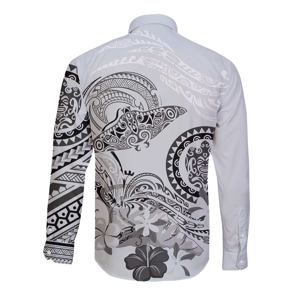 Polynesian Manta Ray Long Sleeve Button Shirt Gray Floral Turtle Tattoo LT9 - Polynesian Pride