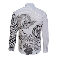 Polynesian Manta Ray Long Sleeve Button Shirt Gray Floral Turtle Tattoo LT9 - Polynesian Pride