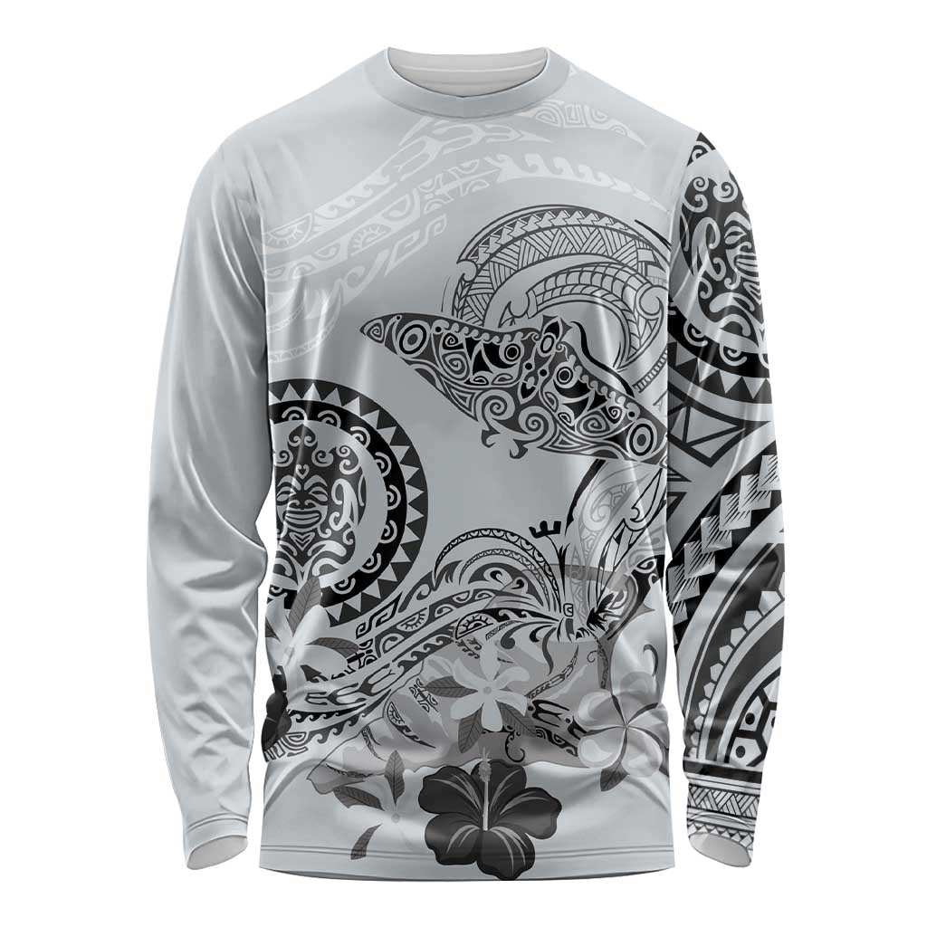 Polynesian Manta Ray Long Sleeve Shirt Gray Floral Turtle Tattoo LT9 Unisex Gray - Polynesian Pride