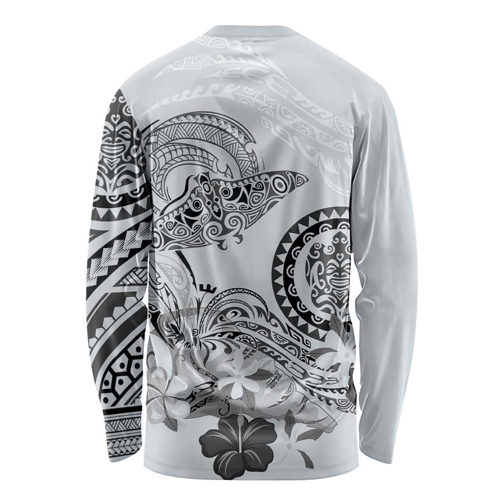 Polynesian Manta Ray Long Sleeve Shirt Gray Floral Turtle Tattoo LT9 - Polynesian Pride