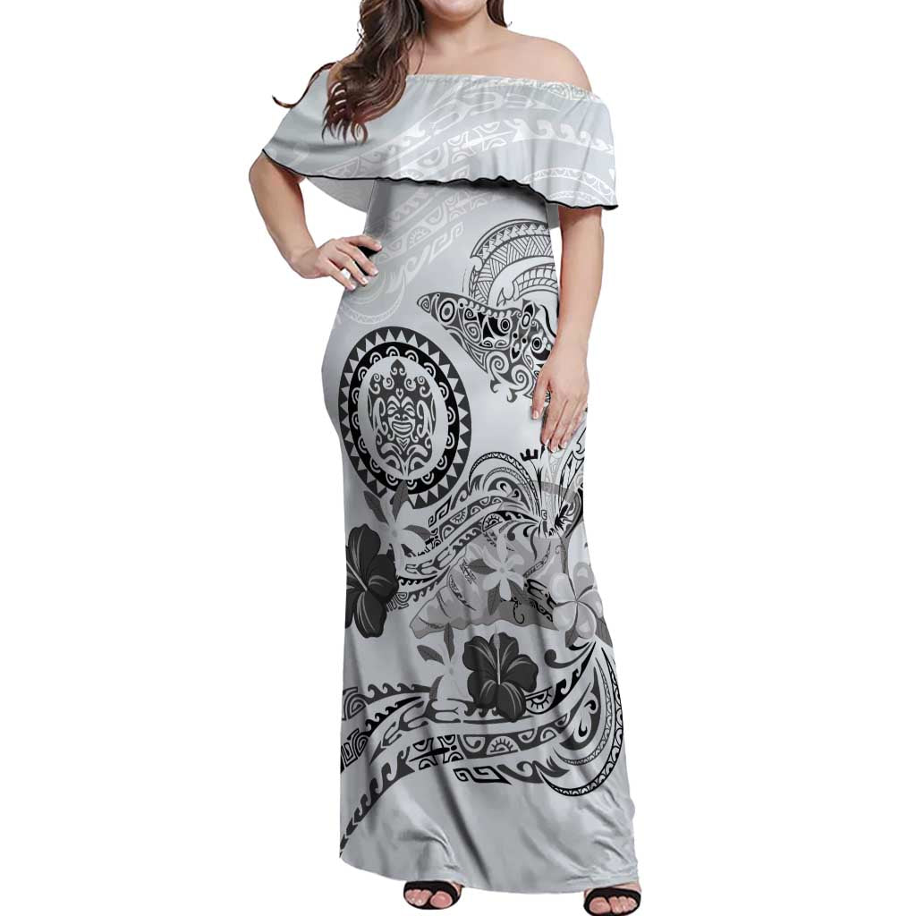 Polynesian Manta Ray Off Shoulder Maxi Dress Gray Floral Turtle Tattoo - Polynesian Pride