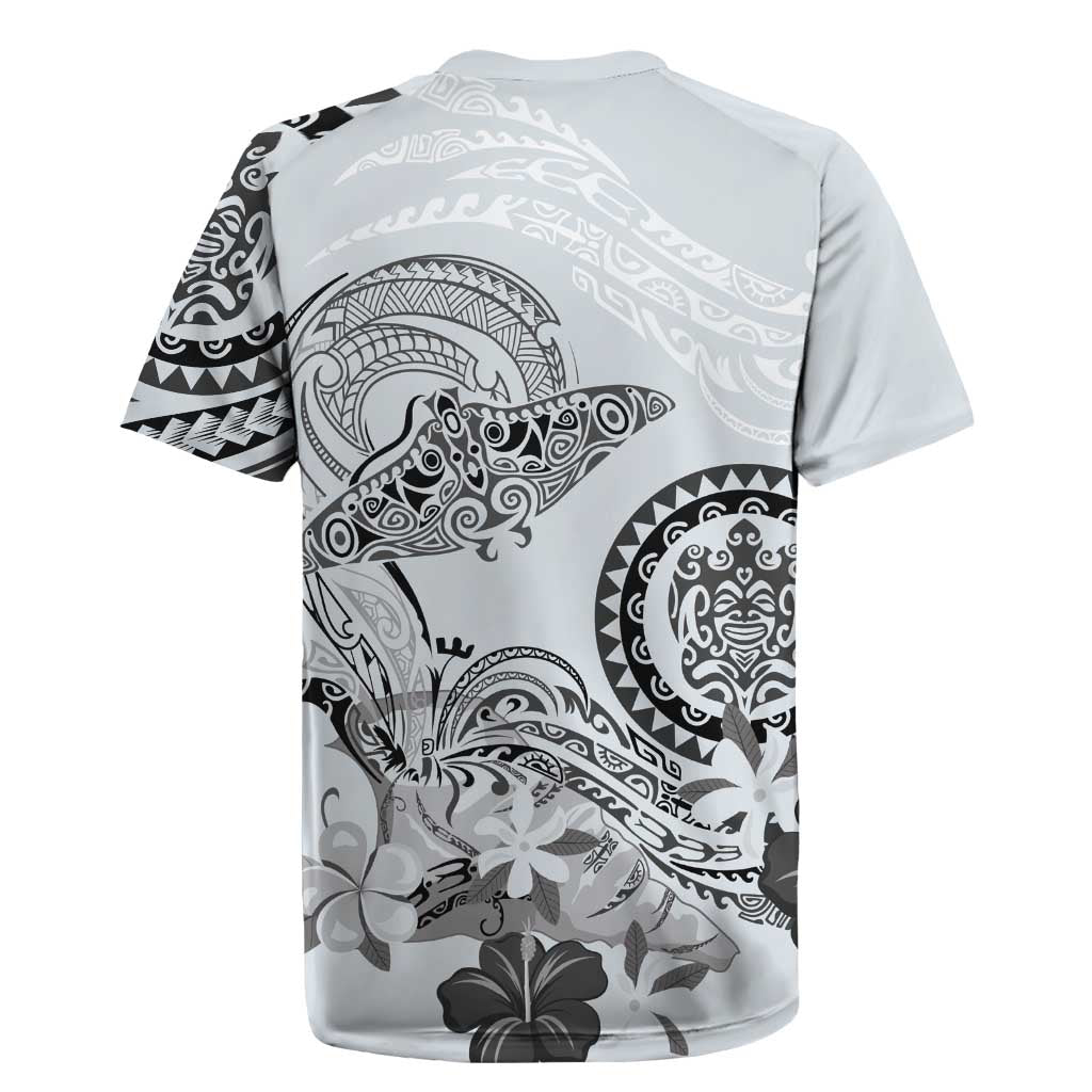 Polynesian Manta Ray Rugby Jersey Gray Floral Turtle Tattoo LT9 - Polynesian Pride