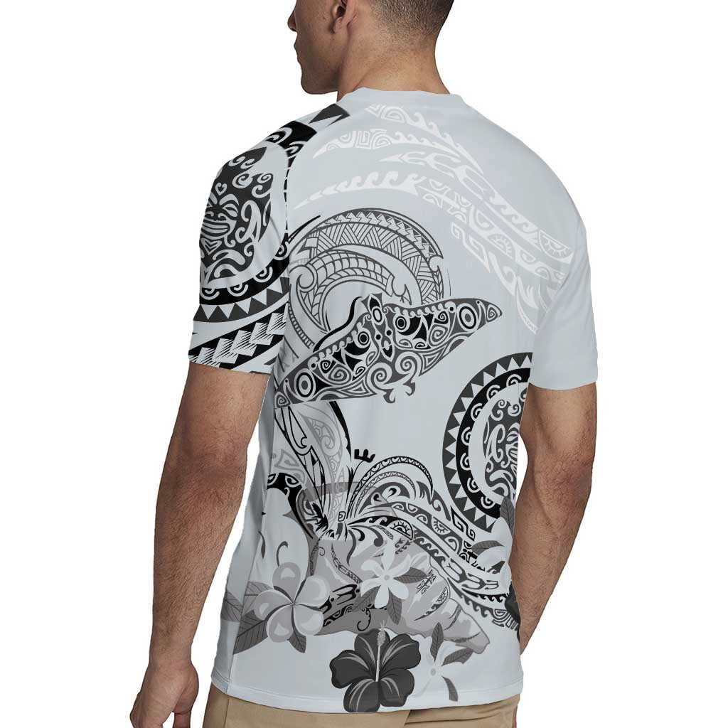 Polynesian Manta Ray Rugby Jersey Gray Floral Turtle Tattoo LT9 - Polynesian Pride