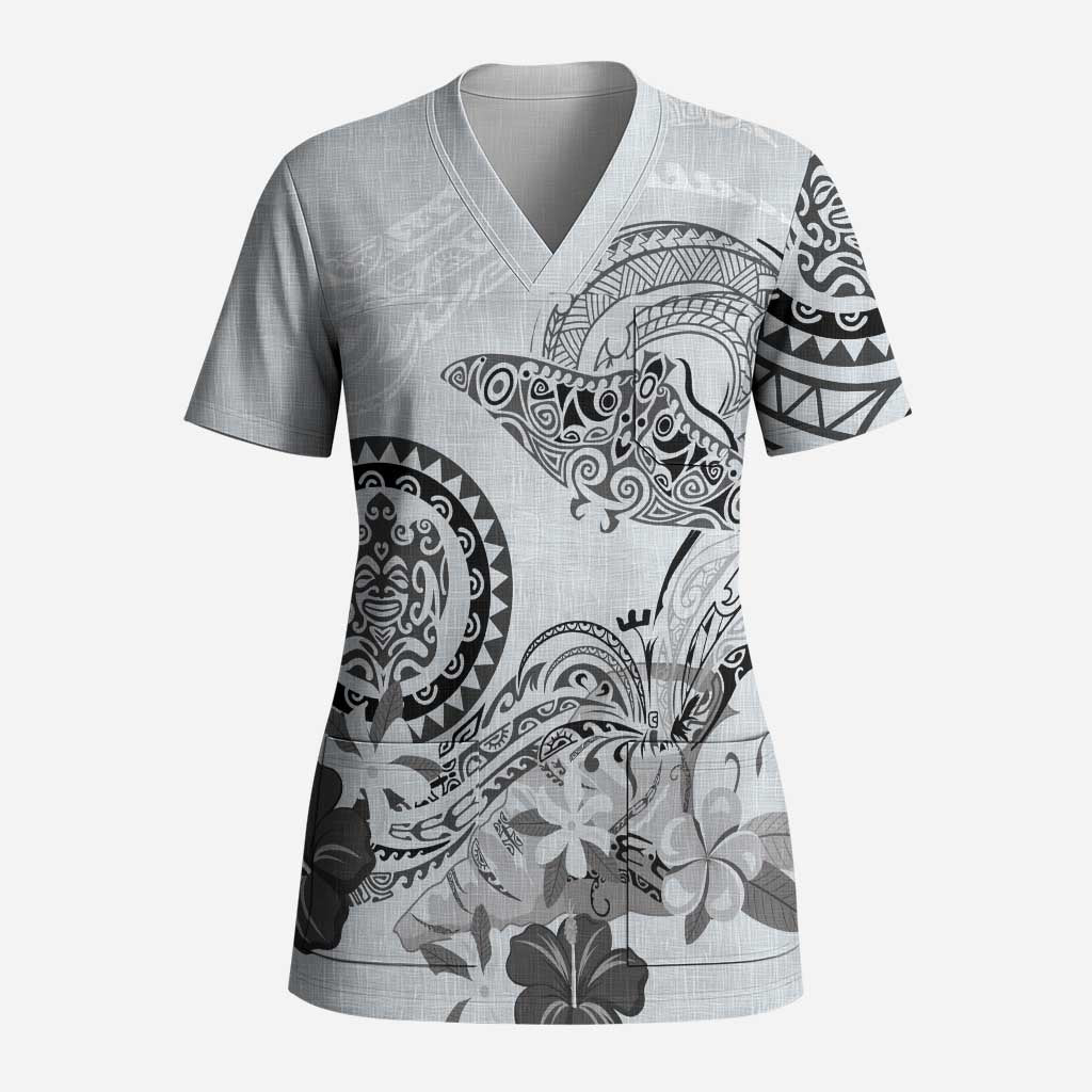 Polynesian Manta Ray Scrub Top Gray Floral Turtle Tattoo - Polynesian Pride