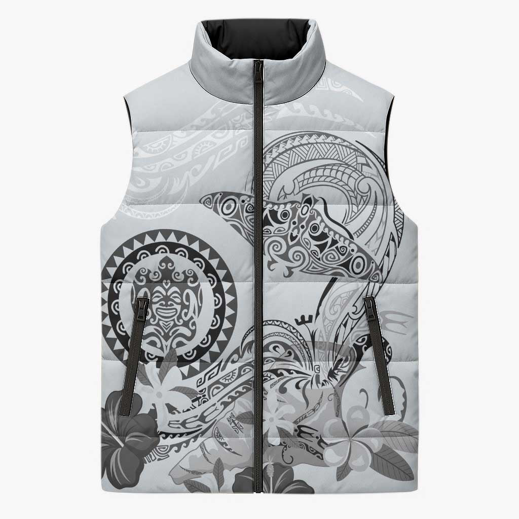Polynesian Manta Ray Sleeveless Puffer Jacket Gray Floral Turtle Tattoo LT9 Unisex Gray - Polynesian Pride