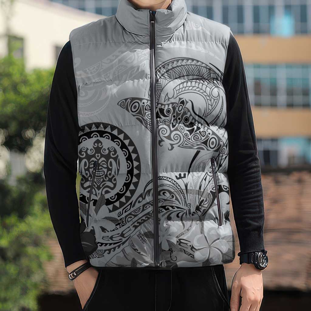 Polynesian Manta Ray Sleeveless Puffer Jacket Gray Floral Turtle Tattoo LT9 - Polynesian Pride