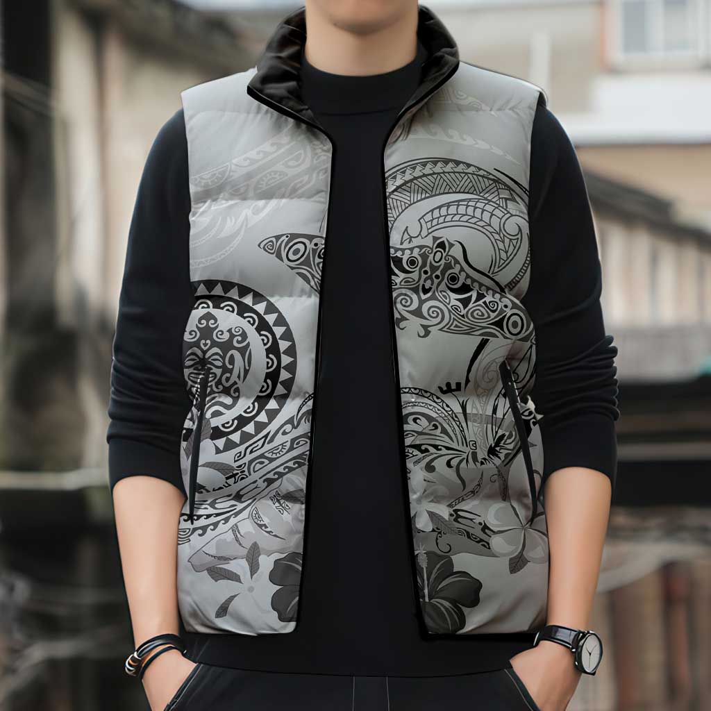 Polynesian Manta Ray Sleeveless Puffer Jacket Gray Floral Turtle Tattoo LT9 - Polynesian Pride