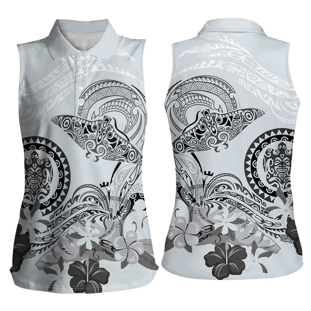 Polynesian Manta Ray Women Sleeveless Polo Shirt Gray Floral Turtle Tattoo LT9 - Polynesian Pride