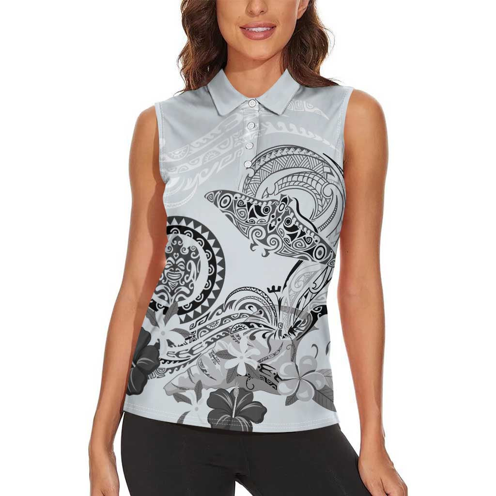 Polynesian Manta Ray Women Sleeveless Polo Shirt Gray Floral Turtle Tattoo LT9 - Polynesian Pride
