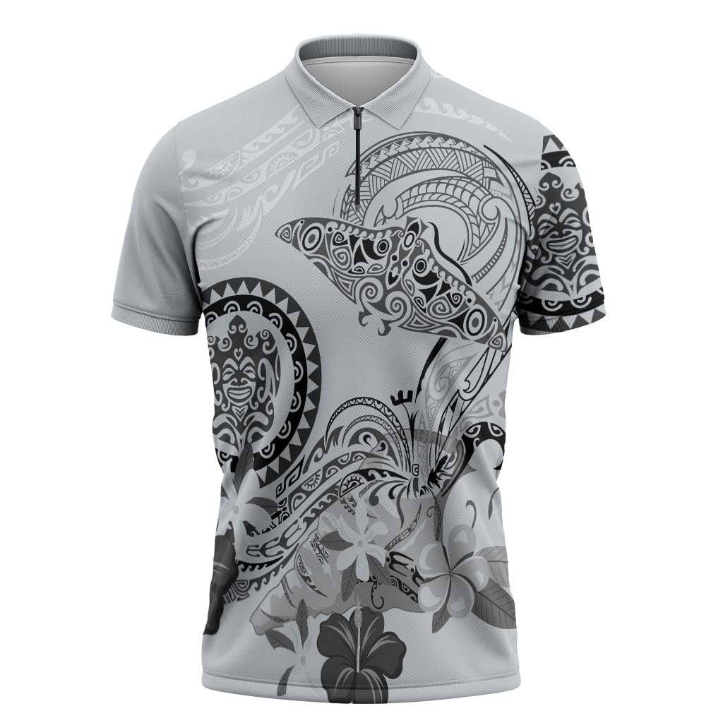 Polynesian Manta Ray Zipper Polo Shirt Gray Floral Turtle Tattoo LT9 Gray - Polynesian Pride