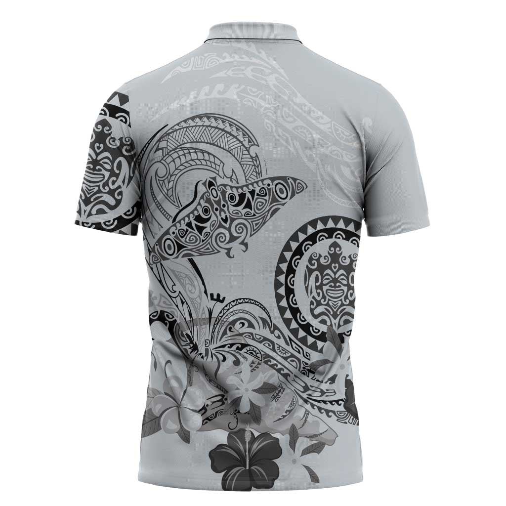 Polynesian Manta Ray Zipper Polo Shirt Gray Floral Turtle Tattoo LT9 - Polynesian Pride
