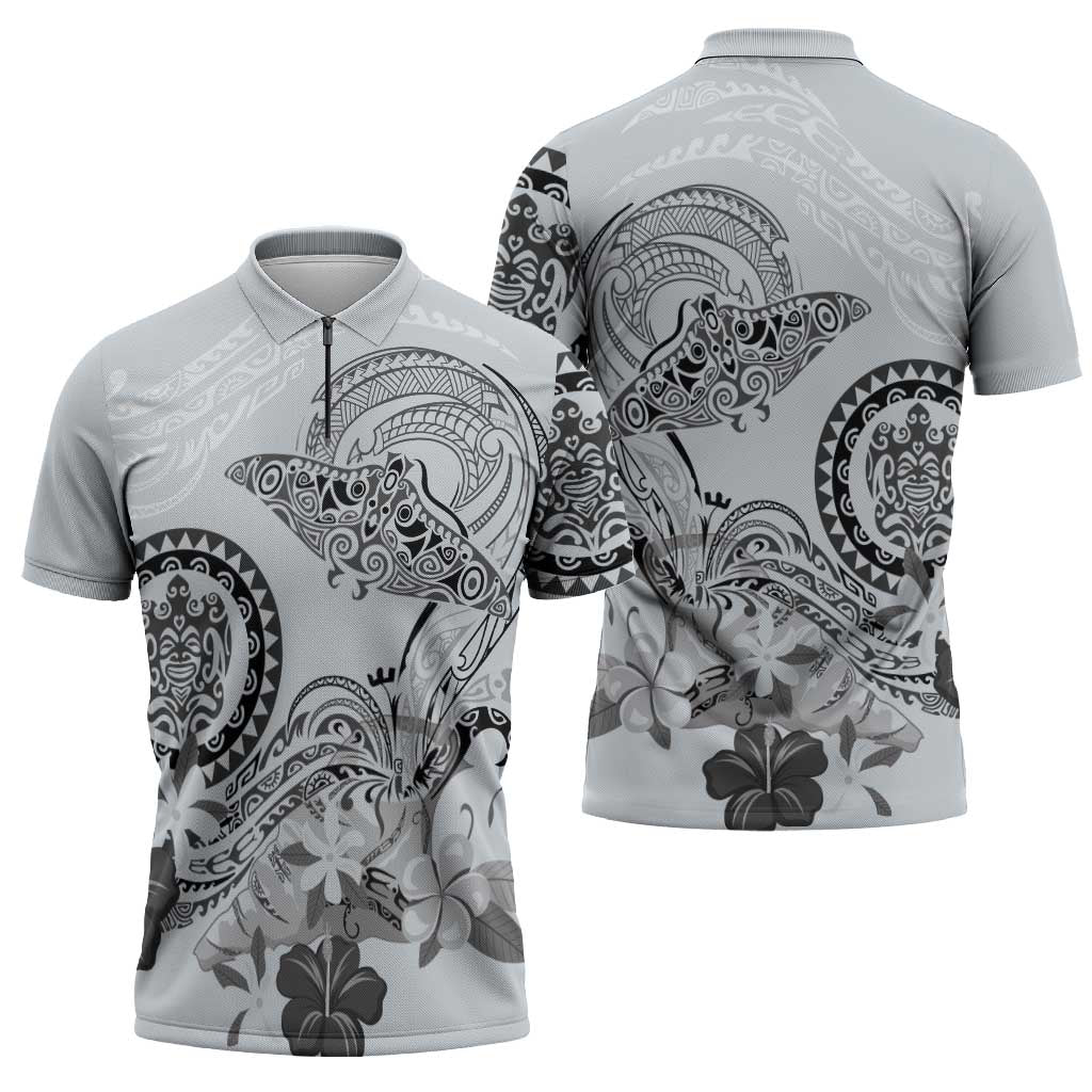 Polynesian Manta Ray Zipper Polo Shirt Gray Floral Turtle Tattoo LT9 - Polynesian Pride