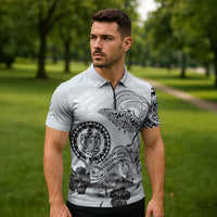 Polynesian Manta Ray Zipper Polo Shirt Gray Floral Turtle Tattoo LT9 - Polynesian Pride