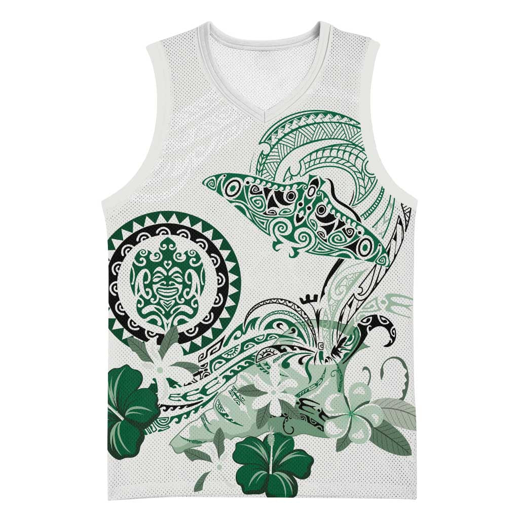 Polynesian Manta Ray Basketball Jersey Green Floral Turtle Tattoo LT9 Unisex Green - Polynesian Pride