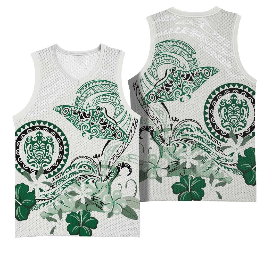 Polynesian Manta Ray Basketball Jersey Green Floral Turtle Tattoo LT9 - Polynesian Pride