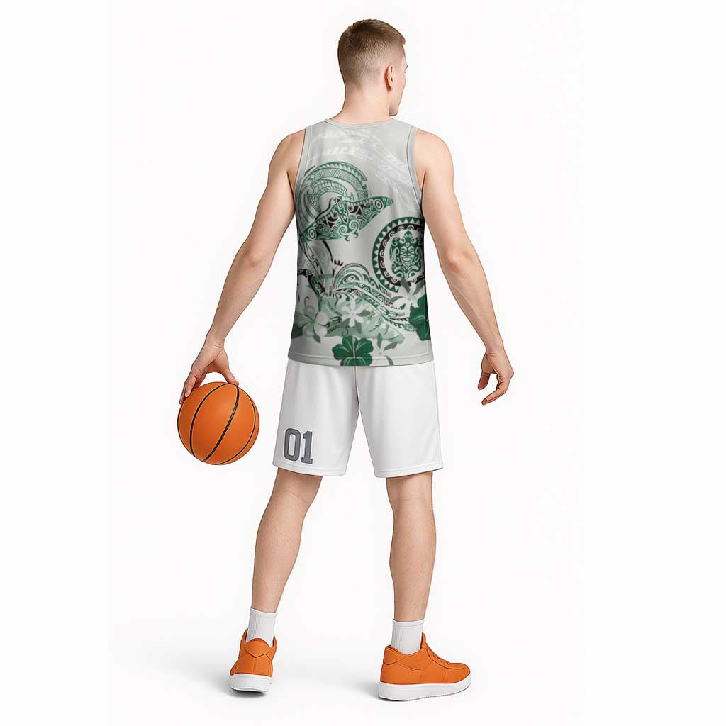 Polynesian Manta Ray Basketball Jersey Green Floral Turtle Tattoo LT9 - Polynesian Pride