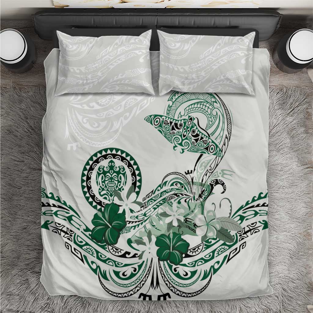 Polynesian Manta Ray Bedding Set Green Floral Turtle Tattoo - Polynesian Pride