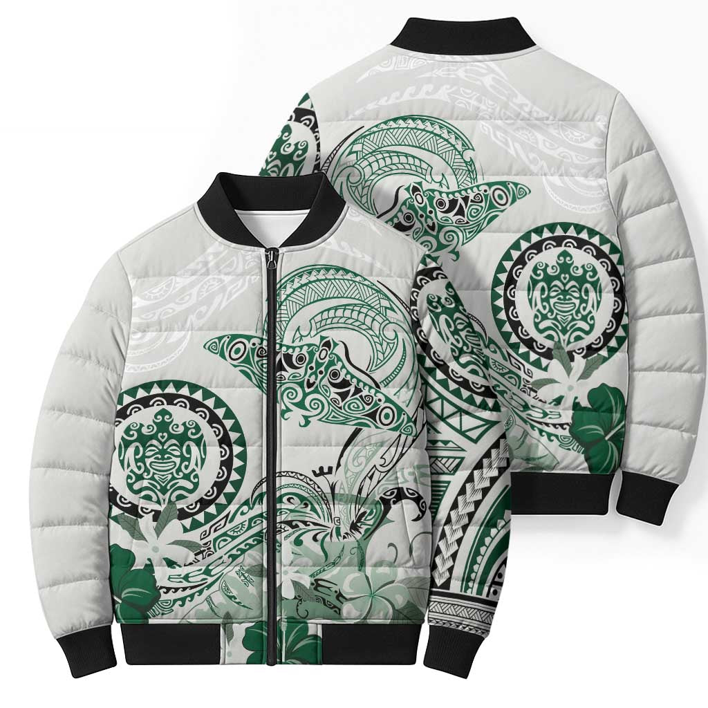 Polynesian Manta Ray Bomber Puffer Jacket Green Floral Turtle Tattoo LT9 - Polynesian Pride